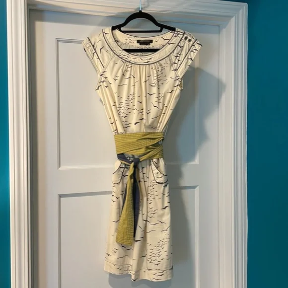 Vintage BCBG BLUE CREAM BIRD PRINT BELTED DRESS SIZE SMALL Kimono style belt - Picture 9 of 14